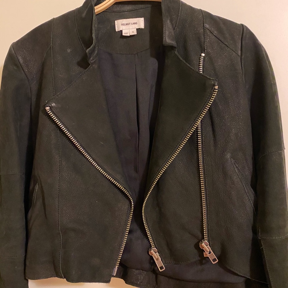 Cropped black leather moto jacket with silk lining